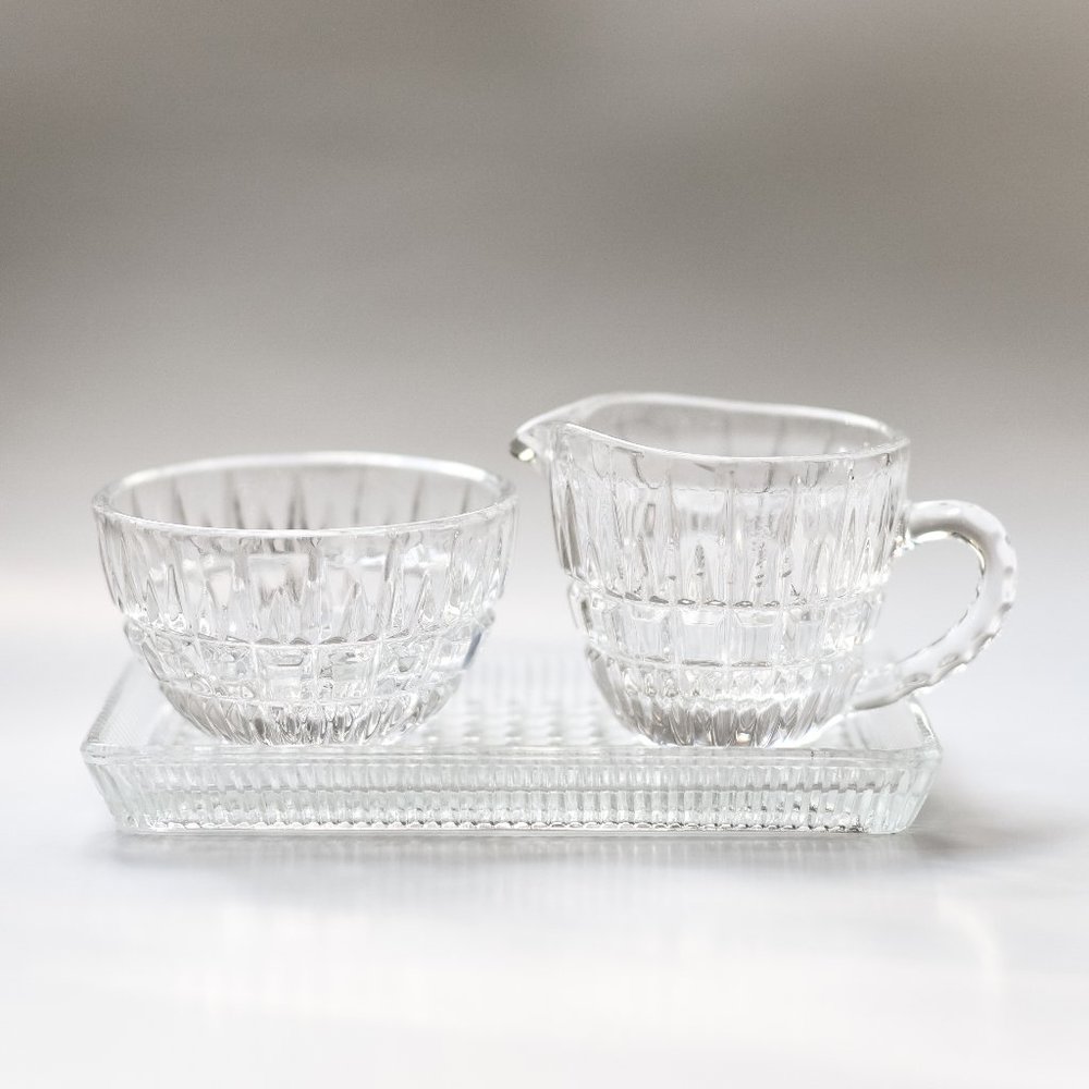 Vintage Crystal Glass Cream And Sugar Set With Tray